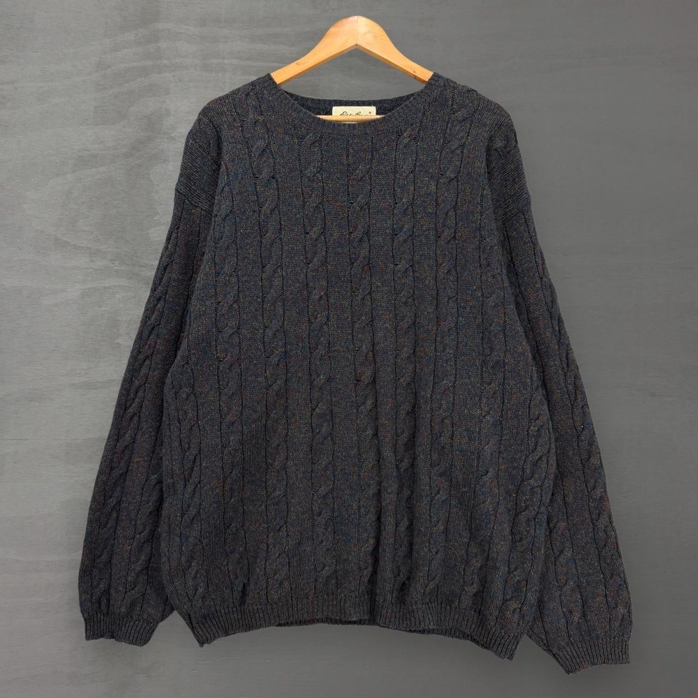 Vintage Eddie Bauer Cable Knit Sweater Navy Blue Shetland Wool Crewneck Large